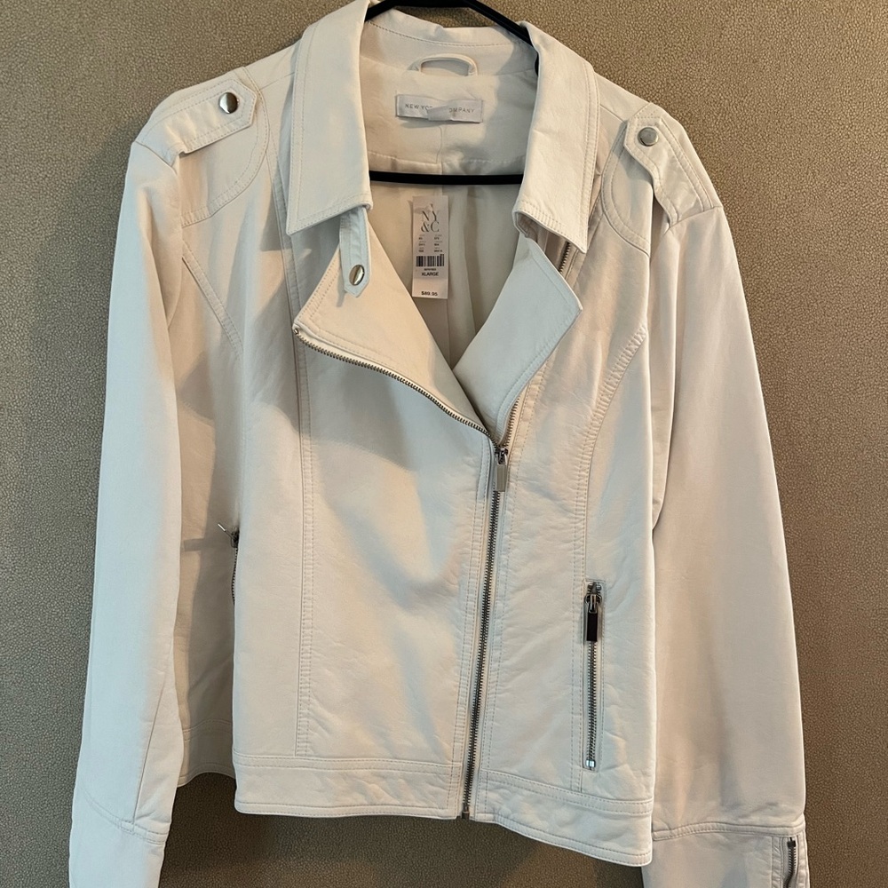 New York & Company Cream Moto-Inspired Faux Leather Jacket